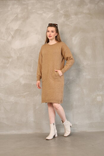 ALCHON Round Crew Neck Long Sleeve Pocket Side Slit Soft Texture Winter Knitwear Midi Length Pullover Tunic
