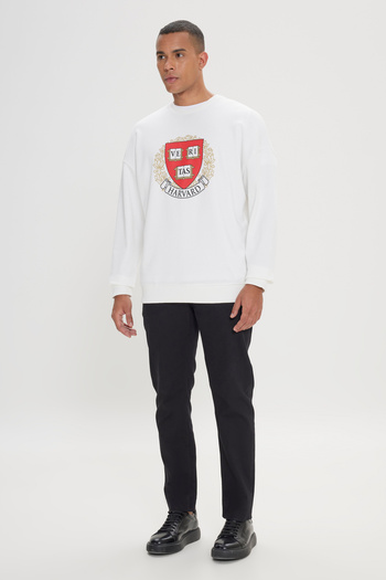 AC&Co / Altınyıldız Classics Harvard Licensed 3 Thread Cotton Oversize Fit Loose Cut Men's Ecru Crew Neck Sweatshirt