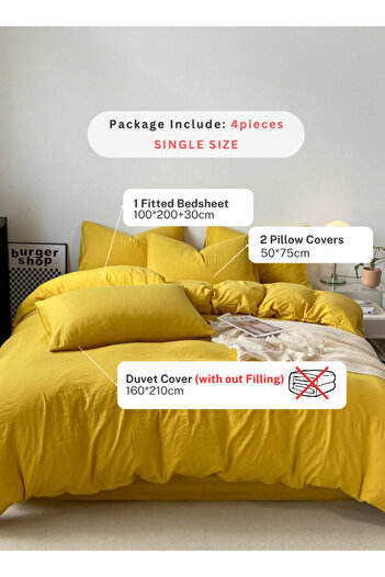 LUNA HOME Single Size 4 piece Bedding Set Without Filling, Washable Cotton Yellow Color 160x210cm.