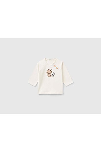 United Colors of Benetton Infant Long Sleeve Cotton T-Shirt with Front Print and Buttons