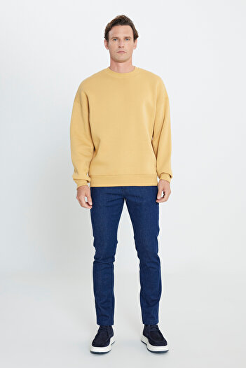 AC&Co / Altınyıldız Classics Men's Mustard Oversize Fit Loose Cut Cotton 3 Thread Crew Neck Sweatshirt with Fleece Inside
