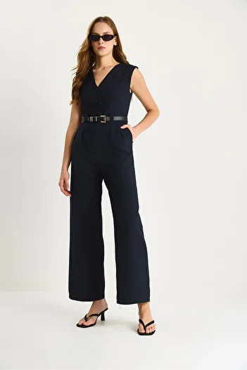 Bianco Lucci Women's V-Neck Belted Pocket Wide Leg Jumpsuit 90021 60283050
