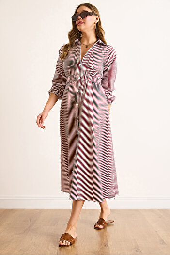 Olalook Women's Burgundy Elastic Waist Pocket Maxi Shirt Dress Elb-19002398
