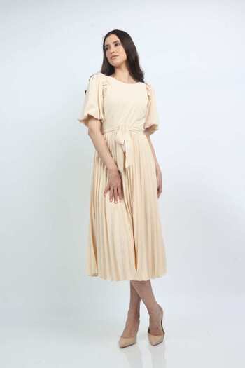 Nichii Pleated Midi Dress with Waist Belt and Short Sleeves