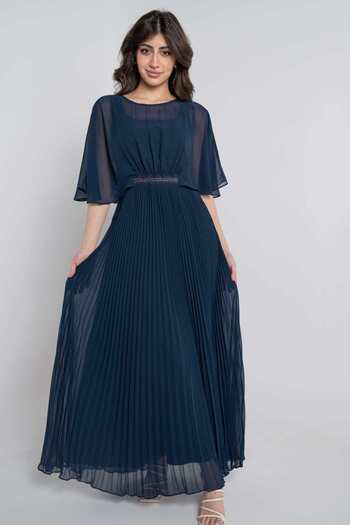 Nichii Women's Long Solid Pleated Dress with Short Open Sleeves