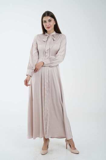 Nichii Women's Long Maxi Dress with Flared Hem and Bow Neck, Long Sleeves