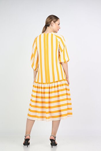 Nichii Striped Wide Midi Dress with Short Sleeves
