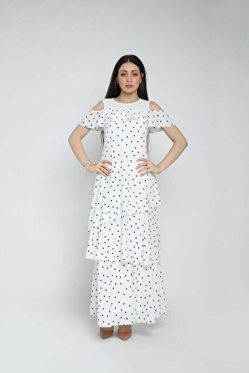 Nichii Polka Dot Layered Long Dress with Off-Shoulder and Short Sleeves
