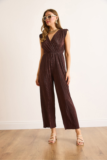 Olalook Women's Brown Elastic Waist Backless Pleated Jumpsuit Tlm-19000167