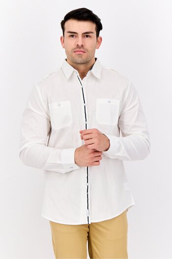 Paper Denim & Cloth Men Slim Fit Plain Long Sleeve Casual Shirt, White