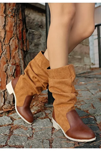 Zerenyus Jolin Tan Suede Λεπτομερείς μπότες σε στυλ καουμπόη