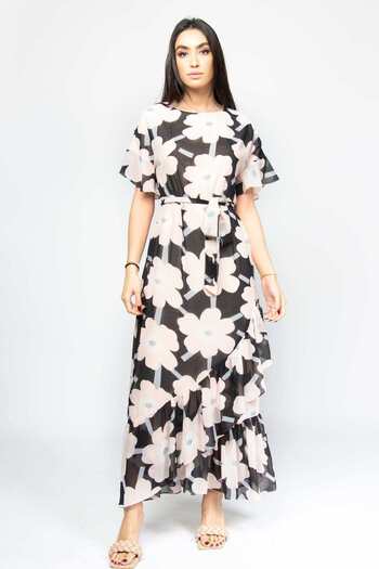 Nichii Long Sleeve Lace Trimmed Lined Chiffon Midi Dress