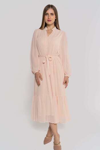 Nichii Solid Midi Dress with Long Sleeves and Tie