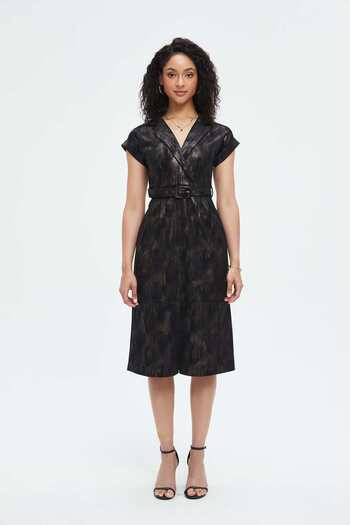 Nichii Women's Midi Dress with Short Sleeves, Long Collar, and Waist Belt