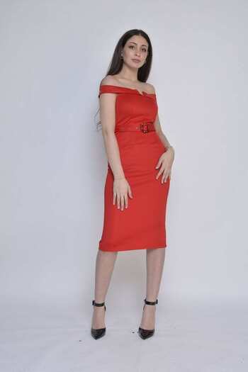Nichii Off-Shoulder Midi Evening Dress with Waist Belt