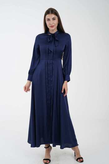 Nichii Women's Long Maxi Dress with Flared Hem and Bow Neck, Long Sleeves