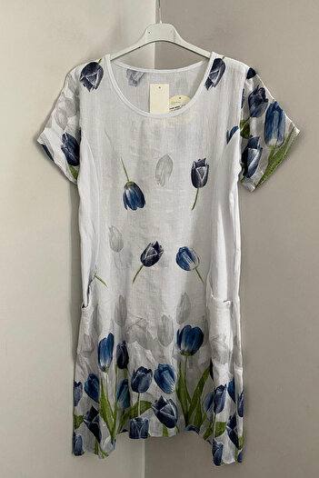 AYASOFYA OTANTIK Women's Italian White Tulip Pattern Short Sleeve Cotton Midi Dress with Bag Pocket