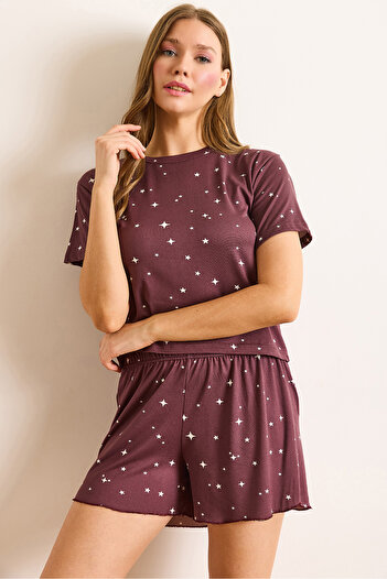 Olalook Women's Burgundy Star Printed Suede Textured Shorts Pajamas Set Pjm-00000022