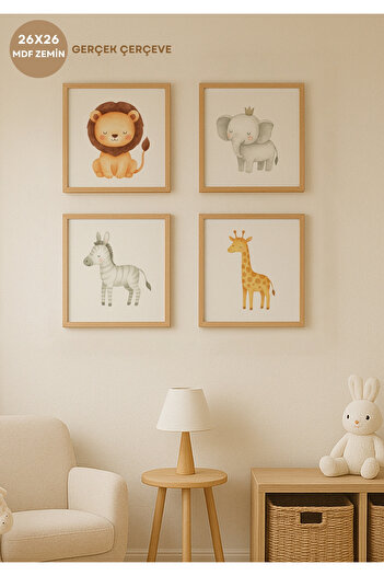 HOMİNG 4-Piece Mdf Printing Children's Room Painting Set Animals 26X26 cm