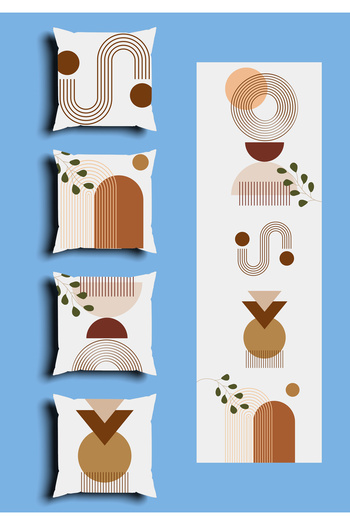 GREENDECOR Bohemian Geometric Line Shapes Special Design 4 Pcs. Double Side Printed Throw Pillow Cover and 1 Pcs. Runner