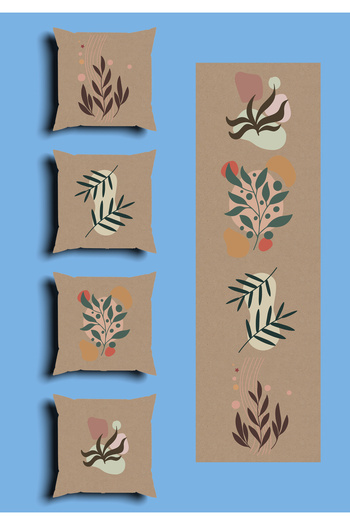 GREENDECOR Bohemian Geometric Line Shapes Special Design 4 Pcs. Double Side Printed Throw Pillow Cover and 1 Pcs. Runner