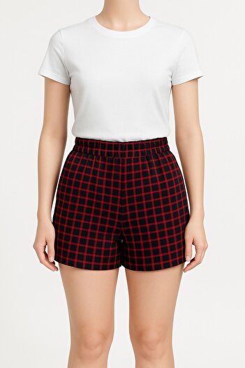 Kübra Tekstil Women's Black Red Plaid High Waist Elastic Relaxed Fit Summer Shorts – Casual, City and Vacation Style