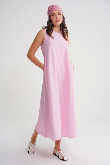 Mixray 4690 Women's Crew Neck Zero Sleeve Midi Parachute Dress Pink