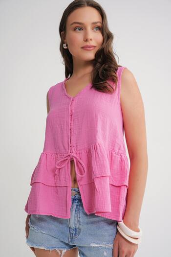 Mixray 4722 Women's V-Neck Ruffled Muslin Blouse Pink