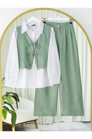 Modamorfo Front Lace-Up Trouser Vest Double Linen Suit -Mint
