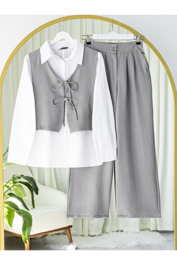 Modamorfo Front Lace-Up Trouser Vest Double Linen Suit -Gray