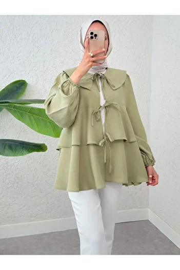 Modamorfo Baby Collar Front Lace Skirt Layered Kimono - Khaki
