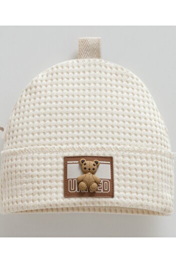 Caramell Baby Hat 100% Cotton Plush Teddy Bear Detailed Waffle Fabric (1 - 12 Months)