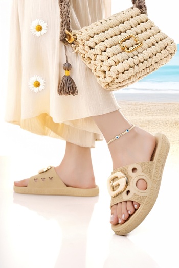 Modafırsat Women's Slippers Beige Non-Slip Waterproof Stylish Home Out Beach Summer Daily Slippers
