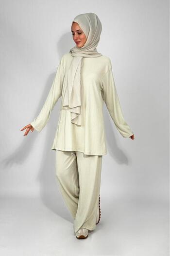 Betimoda Women's Tunic Pants Bottom Top Double Comfortable Fit Hijab Suit Ecru
