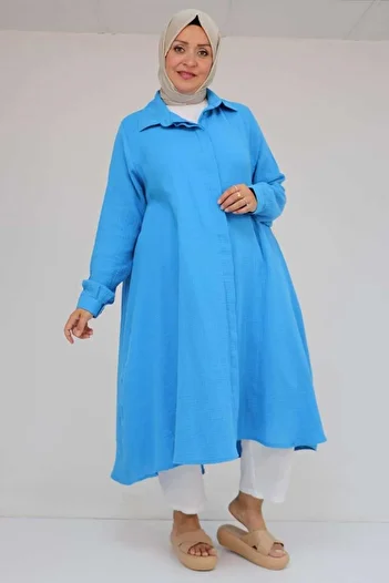 Eslina 58093 large size mevlana cut muslin shirt - blue