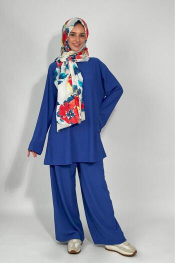 Betimoda Women's Tunic Pants Bottom Top Double Comfortable Fit Hijab Suit Saks Blue