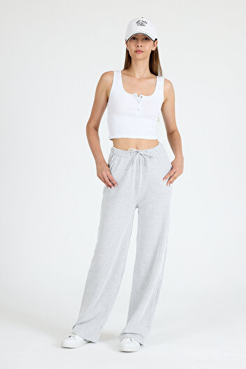 Rays Gray Elastic Waist Striped Wide Leg Woven Trousers 4098