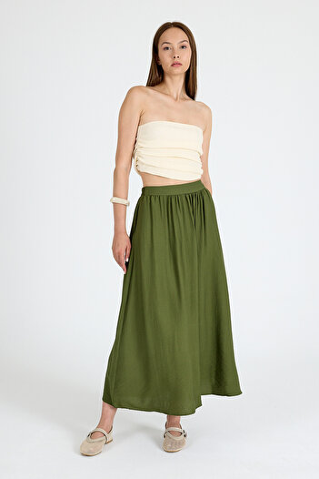 Rays Khaki Linen Look Midi Skirt with Pocket Detail 2344