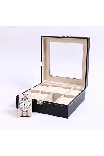 Choice Beige 8 Positions Classic Style Leather Watch Display Case Organizer - Jewelry Storage Box with Glas