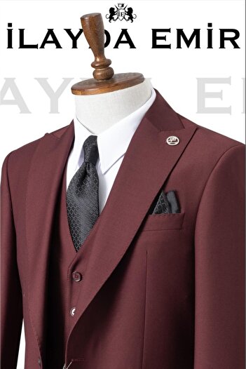 ilayda emir Men's Burgundy Slim Fit Vest Suit