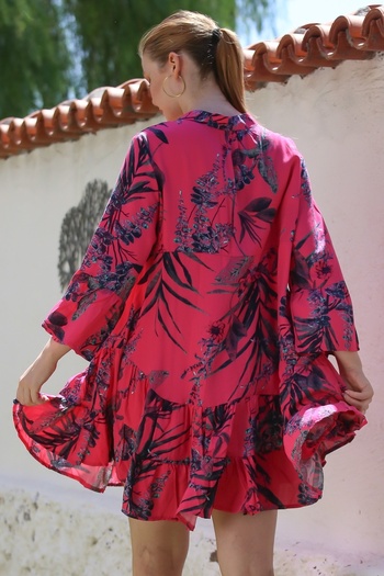 Chiccy Fusta cu mâneci cu volan cu guler fucsia, cu butoni, cu volane, rochie casual țesută imprimată 90 64