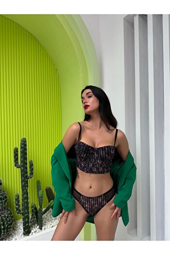 Store Simli Çiçek Desenli Destekli Siyah Bustiyer Takım