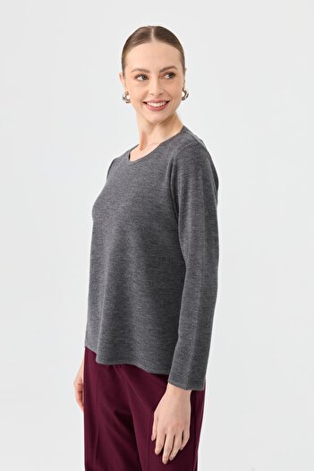Desen Triko Women's Crew Neck Long Sleeve Basic Wool Blouse A.Smoked