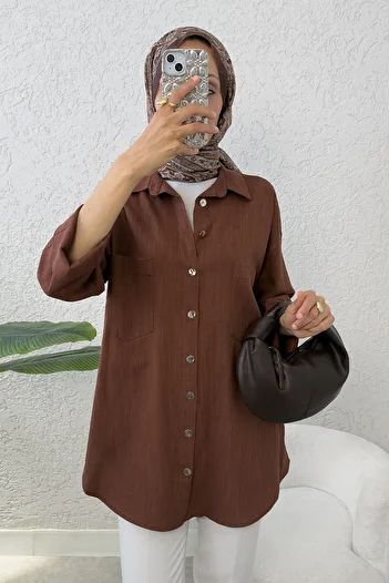 Salih Çelebi Kimono Sleeve Pocket Shirt 2344 - Brown