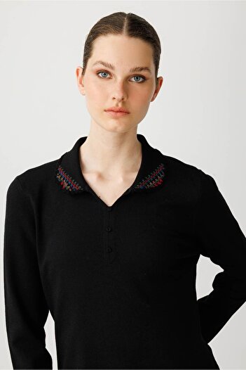 Desen Triko Women's Polo Neck Lycra Blouse Black
