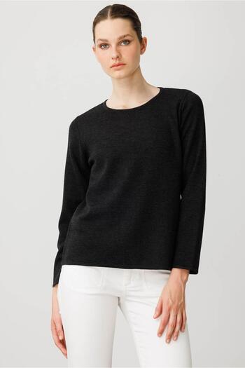 Desen Triko Women's Crew Neck Long Sleeve Basic Wool Blouse K.Smoked