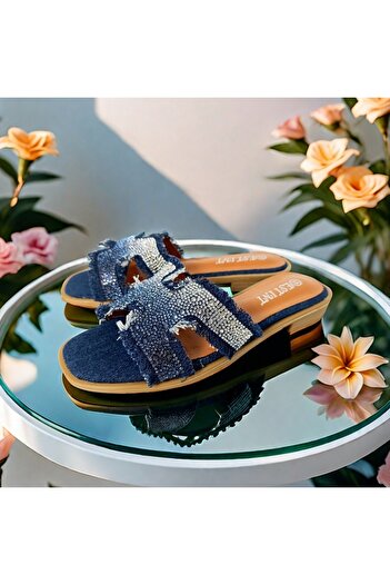 OEM Women's slippers with decorative rhinestone applications, made of denim fabric, X24-1166