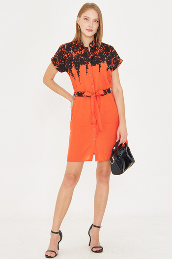armonika Women's Orange Judge Collar Short Sleeve Waist Belted Shirt Dress Arm-25Y001054