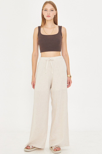 armonika Women's Cream Linen Look Elastic Waist Pocket Lacing Detailed Lined Loose Trousers Arm-25Y001078