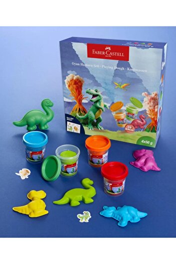 Faber Castell Faber-Castell Dino 4x56 gr Oyun Hamuru ve 3D Kalıp Oyun Hamuru Seti